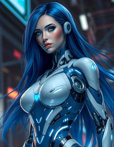 A woman with long blue hair is depicted wearing a futuristic blue and silver suit that has a large heart-shaped emblem on the chest. The background shows an urban cityscape with buildings illuminated by neon lights.