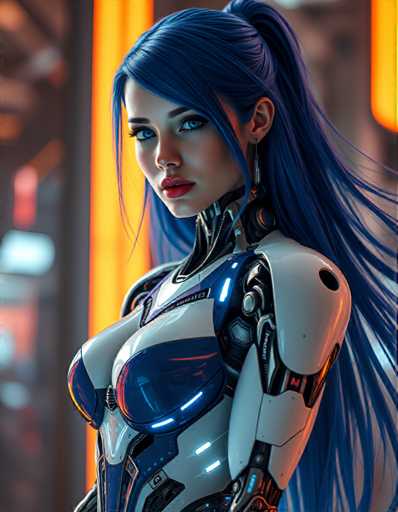 A woman with blue hair and a futuristic body suit stands against an orange background, looking directly at the camera with a serious expression.