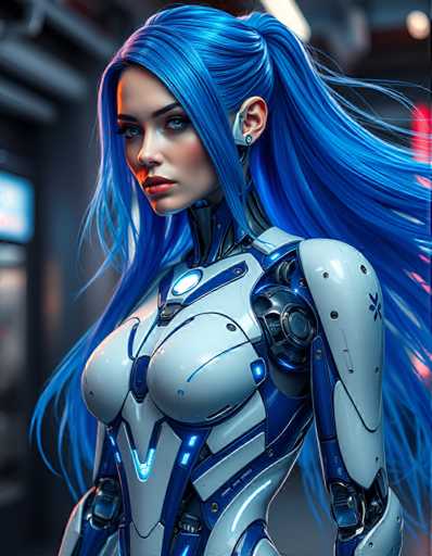 A woman with long blue hair is standing against a white background and wearing a futuristic blue and silver suit that has a large circular emblem on the chest area.