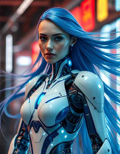 A stunning cyborg woman with long blue hair flowing elegantly behind her. Her robotic body features intricate blue and white panels with glowing accents that give her a sleek, futuristic look. The fusion of organic and mechanical elements is seamless, with metallic components visible along her limbs and torso, complementing her natural facial features. Her eyes emit a subtle glow, enhancing her cybernetic presence. The setting could be an advanced cityscape or laboratory, with neon lights reflecting off her polished surface, emphasizing the vibrant blue and white color scheme.Steps: 3, Sampler: DPM++ 2M AYS, Guidance Scale: 3.5, Seed: 2883149676, Size: 896x1152, Model: flux_1_schnell_q5p.ckpt, Strength: 1.0, Seed Mode: Scale Alike, Upscaler: realesrgan_x2plus_f16.ckpt