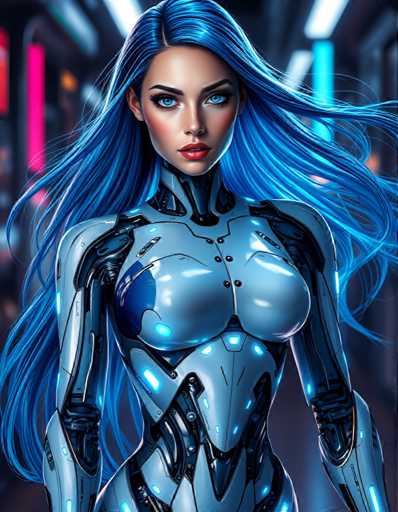 A stunning cyborg woman with long blue hair flowing elegantly behind her. Her robotic body features intricate blue and white panels with glowing accents that give her a sleek, futuristic look. The fusion of organic and mechanical elements is seamless, with metallic components visible along her limbs and torso, complementing her natural facial features. Her eyes emit a subtle glow, enhancing her cybernetic presence. The setting could be an advanced cityscape or laboratory, with neon lights reflecting off her polished surface, emphasizing the vibrant blue and white color scheme.Steps: 3, Sampler: DPM++ 2M AYS, Guidance Scale: 3.5, Seed: 1475025040, Size: 896x1152, Model: flux_1_schnell_q5p.ckpt, Strength: 1.0, Seed Mode: Scale Alike, Upscaler: realesrgan_x2plus_f16.ckpt