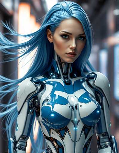 A woman with blue hair and a futuristic body suit stands against a beige wall, her gaze directed straight at the camera.