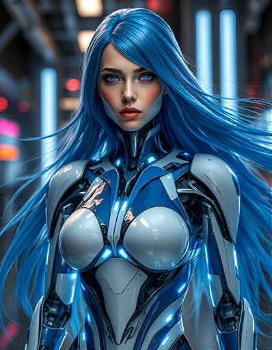 A woman with long blue hair is standing against a white background and wearing a futuristic outfit that includes a helmet with glowing lights on the sides.