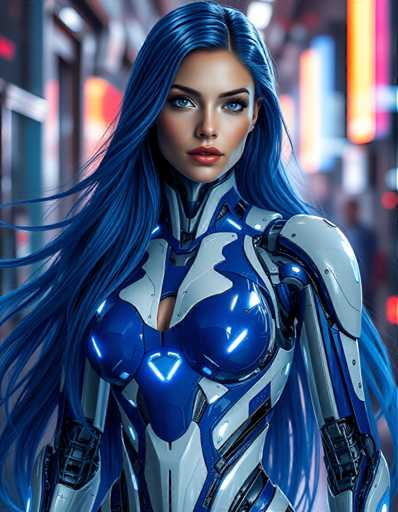 A woman with long blue hair is standing against a city backdrop featuring neon lights and buildings of various colors. The image has a digital or computer-generated style, giving it an artistic feel.