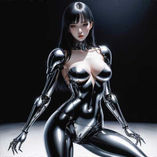 Artwork in the style of (Hajime Sorayama:1.5) a sexy black metal robot girl with big breasts. Her body is entirely made of black metal-HeadphoneSteps: 8, Sampler: DPM++ SDE Karras, Guidance Scale: 2.5, Seed: 2875884209, Size: 1280x1280, Model: cherrypickerxl_lcm_v02_f16.ckpt, Strength: 1.0, Seed Mode: Scale Alike, Hires Fix: true, First Stage Size: 768x768, Second Stage Strength: 0.7, Target Size: 1280x1280, Crop: (0, 0), Original Size: 1280x1280, Negative Original Size: 640x640, Aesthetic Score: 6,0, Negative Aesthetic Score: 2,5, Zero Negative Prompt: false