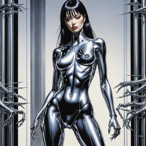 Artwork in the style of (Hajime Sorayama:1.5) a sexy robot woman. Her body is entirely made of black metal-HeadphoneSteps: 8, Sampler: DPM++ SDE Karras, Guidance Scale: 2.5, Seed: 1137732552, Size: 1280x1280, Model: dreamshaperxl_turbo_f16.ckpt, Strength: 1.0, Seed Mode: Scale Alike, Hires Fix: true, First Stage Size: 768x768, Second Stage Strength: 0.7, Target Size: 1280x1280, Crop: (0, 0), Original Size: 1280x1280, Negative Original Size: 640x640, Aesthetic Score: 6,0, Negative Aesthetic Score: 2,5, Zero Negative Prompt: false