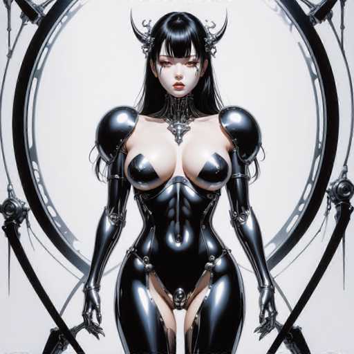 Artwork in the style of (Hajime Sorayama:1.5) a sexy black metal robot girl with big breasts. Her body is entirely made of black metal-HeadphoneSteps: 8, Sampler: DPM++ SDE Karras, Guidance Scale: 2.5, Seed: 1684003815, Size: 1280x1280, Model: cherrypickerxl_lcm_v02_f16.ckpt, Strength: 1.0, Seed Mode: Scale Alike, Hires Fix: true, First Stage Size: 768x768, Second Stage Strength: 0.7, Target Size: 1280x1280, Crop: (0, 0), Original Size: 1280x1280, Negative Original Size: 640x640, Aesthetic Score: 6,0, Negative Aesthetic Score: 2,5, Zero Negative Prompt: false