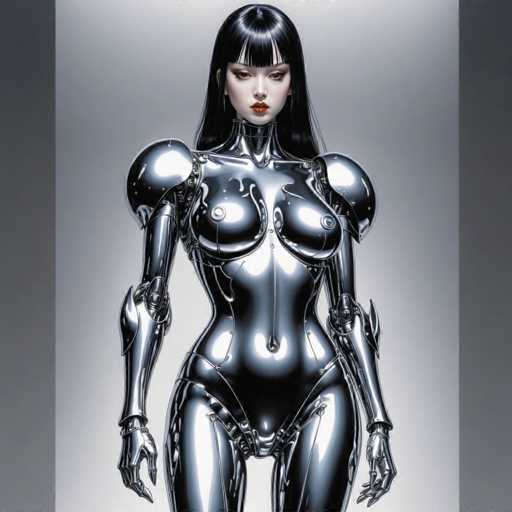 Artwork in the style of (Hajime Sorayama:1.5) a sexy black metal robot girl with big breasts. Her body is entirely made of black metal-HeadphoneSteps: 8, Sampler: DPM++ SDE Karras, Guidance Scale: 2.5, Seed: 1035098014, Size: 1280x1280, Model: dreamshaperxl_turbo_f16.ckpt, Strength: 1.0, Seed Mode: Scale Alike, Hires Fix: true, First Stage Size: 768x768, Second Stage Strength: 0.7, Target Size: 1280x1280, Crop: (0, 0), Original Size: 1280x1280, Negative Original Size: 640x640, Aesthetic Score: 6,0, Negative Aesthetic Score: 2,5, Zero Negative Prompt: false