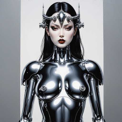 Artwork in the style of (Hajime Sorayama:1.5) a sexy black metal robot girl with big breasts. Her body is entirely made of black metal-HeadphoneSteps: 8, Sampler: DPM++ SDE Karras, Guidance Scale: 2.5, Seed: 3559342763, Size: 1280x1280, Model: dreamshaperxl_turbo_f16.ckpt, Strength: 1.0, Seed Mode: Scale Alike, Hires Fix: true, First Stage Size: 768x768, Second Stage Strength: 0.7, Target Size: 1280x1280, Crop: (0, 0), Original Size: 1280x1280, Negative Original Size: 640x640, Aesthetic Score: 6,0, Negative Aesthetic Score: 2,5, Zero Negative Prompt: false