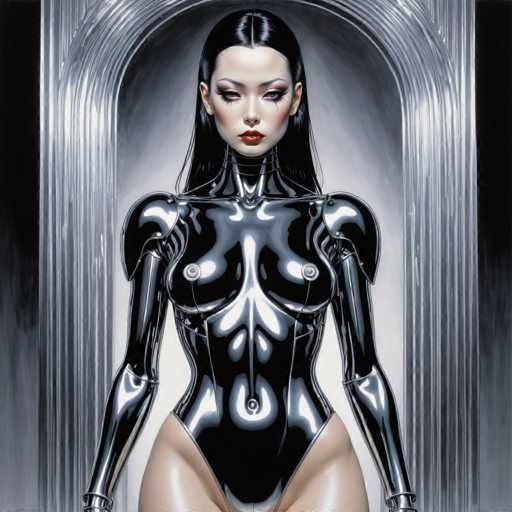 Artwork in the style of (Hajime Sorayama:1.5) a sexy black metal robot woman. Her body is entirely made of black metal-HeadphoneSteps: 8, Sampler: DPM++ SDE Karras, Guidance Scale: 2.5, Seed: 2417910193, Size: 1280x1280, Model: dreamshaperxl_turbo_f16.ckpt, Strength: 1.0, Seed Mode: Scale Alike, Hires Fix: true, First Stage Size: 768x768, Second Stage Strength: 0.7, Target Size: 1280x1280, Crop: (0, 0), Original Size: 1280x1280, Negative Original Size: 640x640, Aesthetic Score: 6,0, Negative Aesthetic Score: 2,5, Zero Negative Prompt: false