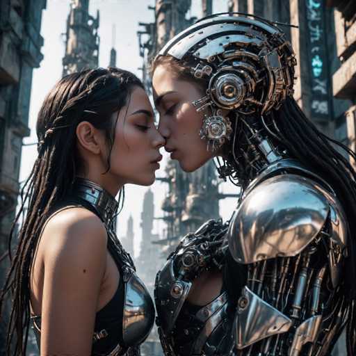 biomechanical cyberpunk closeup a young girl couple kissing (deep kiss:1.8), ruins of an old magical city in the background, cinematic light and shadows, epic illustration. . cybernetics, human-machine fusion, dystopian, organic meets artificial, dark, intricate, highly detailed-natural, colorful, deformed, sketch, low contrast, watercolorSteps: 8, Sampler: DPM++ SDE Karras, Guidance Scale: 2.5, Seed: 3131911588, Size: 1280x1280, Model: cherrypickerxl_lcm_v02_f16.ckpt, Strength: 1.0, Seed Mode: Scale Alike, Hires Fix: true, First Stage Size: 768x768, Second Stage Strength: 0.7, Target Size: 1280x1280, Crop: (0, 0), Original Size: 1280x1280, Negative Original Size: 640x640, Aesthetic Score: 6,0, Negative Aesthetic Score: 2,5, Zero Negative Prompt: false