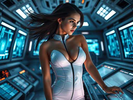 A sexy young woman in a futuristic space station's control room, wearing a sleek white jumpsuit with black accents that reflect the flashing screens behind her. Her hair is floating behind her as she leans over a holographic console. Bright, energetic lighting, high-tech atmosphere, cinematic, sharp focus, hyper-realistic, empowered eleganceSteps: 3, Sampler: DPM++ 2M AYS, Guidance Scale: 1.0, Seed: 1545406404, Size: 1024x768, Model: flux_1_schnell_q5p.ckpt, Strength: 1.0, Seed Mode: Scale Alike, Upscaler: realesrgan_x2plus_f16.ckpt