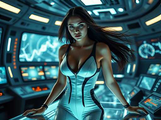 A sexy young woman in a futuristic space station's control room, wearing a sleek white jumpsuit with black accents that reflect the flashing screens behind her. Her hair is floating behind her as she leans over a holographic console. Bright, energetic lighting, high-tech atmosphere, cinematic, sharp focus, hyper-realistic, empowered eleganceSteps: 3, Sampler: DPM++ 2M AYS, Guidance Scale: 1.0, Seed: 2028735402, Size: 1024x768, Model: flux_1_schnell_q5p.ckpt, Strength: 1.0, Seed Mode: Scale Alike, Upscaler: realesrgan_x2plus_f16.ckpt