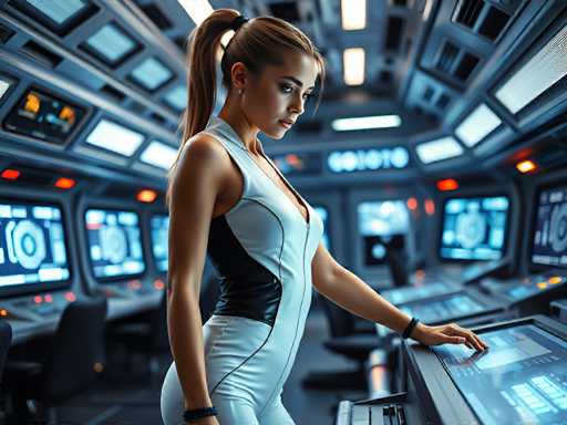 A sexy young woman in a futuristic space station's control room, wearing a sleek white jumpsuit with black accents that reflect the flashing screens behind her. Her hair is tied back in a ponytail  as she leans over a holographic console. Bright, energetic lighting, high-tech atmosphere, cinematic, sharp focus, hyper-realistic, empowered eleganceSteps: 3, Sampler: DPM++ 2M AYS, Guidance Scale: 1.0, Seed: 2108408149, Size: 1024x768, Model: flux_1_schnell_q5p.ckpt, Strength: 1.0, Seed Mode: Scale Alike, Upscaler: realesrgan_x2plus_f16.ckpt