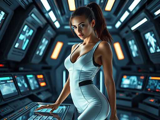 A seductive young woman in a futuristic space station's control room, wearing a sleek white jumpsuit with black accents that reflect the flashing screens behind her. Her hair is tied back in a ponytail  as she leans over a holographic console. Bright, energetic lighting, high-tech atmosphere, cinematic, sharp focus, hyper-realistic, empowered eleganceSteps: 3, Sampler: DPM++ 2M AYS, Guidance Scale: 1.0, Seed: 2340948449, Size: 1024x768, Model: flux_1_schnell_q5p.ckpt, Strength: 1.0, Seed Mode: Scale Alike, Upscaler: realesrgan_x2plus_f16.ckpt