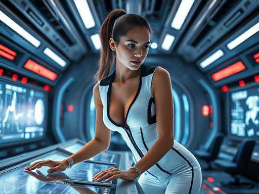 A young woman in a futuristic space station's control room, wearing a sleek white jumpsuit with black accents that reflect the flashing screens behind her. Her hair is tied back in a ponytail  as she leans over a holographic console. Bright, energetic lighting, high-tech atmosphere, cinematic, sharp focus, hyper-realistic, empowered eleganceSteps: 3, Sampler: DPM++ 2M AYS, Guidance Scale: 1.0, Seed: 3080110301, Size: 1024x768, Model: flux_1_schnell_q5p.ckpt, Strength: 1.0, Seed Mode: Scale Alike, Upscaler: realesrgan_x2plus_f16.ckpt