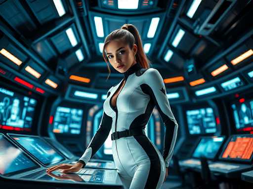 A young woman in a futuristic space station's control room, wearing a sleek white jumpsuit with black accents that reflect the flashing screens behind her. Her hair is tied back in a ponytail  as she leans over a holographic console. Bright, energetic lighting, high-tech atmosphere, cinematic, sharp focus, hyper-realistic, empowered eleganceSteps: 3, Sampler: DPM++ 2M AYS, Guidance Scale: 1.0, Seed: 2653402235, Size: 1024x768, Model: flux_1_schnell_q5p.ckpt, Strength: 1.0, Seed Mode: Scale Alike, Upscaler: realesrgan_x2plus_f16.ckpt