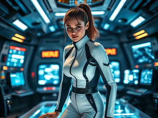 A young woman in a futuristic space station's control room, wearing a sleek white jumpsuit with black accents that reflect the flashing screens behind her. Her hair is tied back in a ponytail  as she leans over a holographic console. Bright, energetic lighting, high-tech atmosphere, cinematic, sharp focus, hyper-realistic, empowered eleganceSteps: 3, Sampler: DPM++ 2M AYS, Guidance Scale: 1.0, Seed: 1506020139, Size: 1024x768, Model: flux_1_schnell_q5p.ckpt, Strength: 1.0, Seed Mode: Scale Alike, Upscaler: realesrgan_x2plus_f16.ckpt