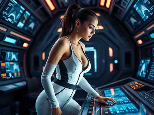 A sexy young woman in a futuristic space station's control room, wearing a sleek white jumpsuit with black accents that reflect the flashing screens behind her. Her hair is tied back in a ponytail  as she leans over a holographic console. Bright, energetic lighting, high-tech atmosphere, cinematic, sharp focus, hyper-realistic, empowered eleganceSteps: 3, Sampler: DPM++ 2M AYS, Guidance Scale: 1.0, Seed: 1873174552, Size: 1024x768, Model: flux_1_schnell_q5p.ckpt, Strength: 1.0, Seed Mode: Scale Alike, Upscaler: realesrgan_x2plus_f16.ckpt