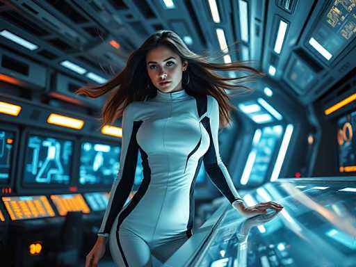 A young woman in a futuristic space station's control room, wearing a sleek white jumpsuit with black accents that reflect the flashing screens behind her. Her hair is floating behind her as she leans over a holographic console. Bright, energetic lighting, high-tech atmosphere, cinematic, sharp focus, hyper-realistic, empowered eleganceSteps: 3, Sampler: DPM++ 2M AYS, Guidance Scale: 1.0, Seed: 30050529, Size: 1024x768, Model: flux_1_schnell_q5p.ckpt, Strength: 1.0, Seed Mode: Scale Alike, Upscaler: realesrgan_x2plus_f16.ckpt