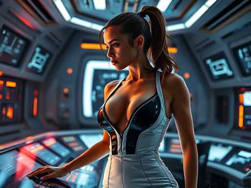 A seductive young woman in a futuristic space station's control room, wearing a sleek white jumpsuit with black accents that reflect the flashing screens behind her. Her hair is tied back in a ponytail  as she leans over a holographic console. Bright, energetic lighting, high-tech atmosphere, cinematic, sharp focus, hyper-realistic, empowered eleganceSteps: 3, Sampler: DPM++ 2M AYS, Guidance Scale: 1.0, Seed: 1417677356, Size: 1024x768, Model: flux_1_schnell_q5p.ckpt, Strength: 1.0, Seed Mode: Scale Alike, Upscaler: realesrgan_x2plus_f16.ckpt