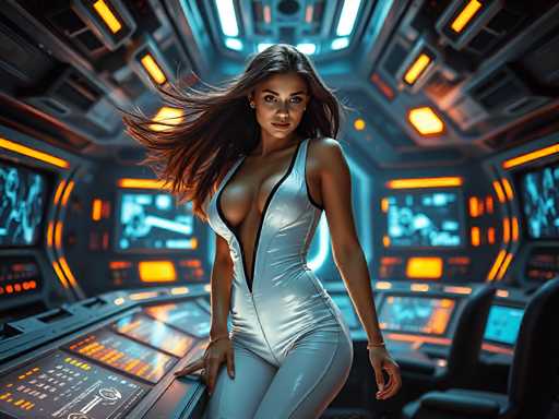 A seductive young woman in a futuristic space station's control room, wearing a sleek white jumpsuit with black accents that reflect the flashing screens behind her. Her hair is floating behind her as she leans over a holographic console. Bright, energetic lighting, high-tech atmosphere, cinematic, sharp focus, hyper-realistic, empowered eleganceSteps: 3, Sampler: DPM++ 2M AYS, Guidance Scale: 1.0, Seed: 2702110667, Size: 1024x768, Model: flux_1_schnell_q5p.ckpt, Strength: 1.0, Seed Mode: Scale Alike, Upscaler: realesrgan_x2plus_f16.ckpt