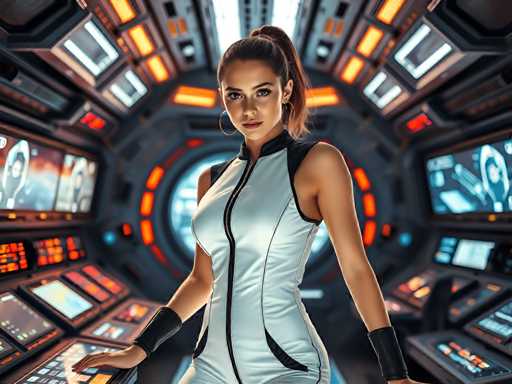 A young woman in a futuristic space station's control room, wearing a sleek white jumpsuit with black accents that reflect the flashing screens behind her. Her hair is tied back in a ponytail  as she leans over a holographic console. Bright, energetic lighting, high-tech atmosphere, cinematic, sharp focus, hyper-realistic, empowered eleganceSteps: 3, Sampler: DPM++ 2M AYS, Guidance Scale: 1.0, Seed: 3252480922, Size: 1024x768, Model: flux_1_schnell_q5p.ckpt, Strength: 1.0, Seed Mode: Scale Alike, Upscaler: realesrgan_x2plus_f16.ckpt