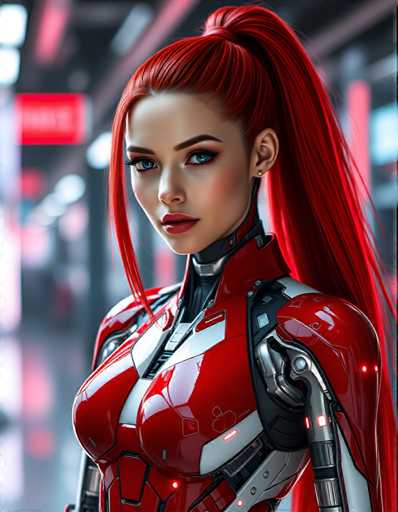 The image shows a woman with red hair styled in a high ponytail wearing a futuristic red and white suit that appears to be made of metal or plastic. The background is blurred, suggesting an urban setting such as a city street lined with buildings and neon lights.