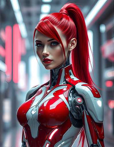 The image shows a woman with red hair and a futuristic outfit that includes a metallic bodysuit and helmet. The background is blurred, suggesting an urban setting or cityscape.