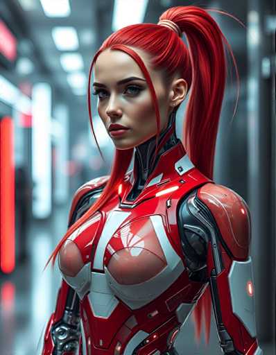 A stunning cyborg woman with long, sleek red hair tied into a high ponytail, flowing elegantly behind her. Her robotic body features intricate red and white panels with glowing accents that give her a sleek, futuristic look. The fusion of organic and mechanical elements is seamless, with metallic components visible along her limbs and torso, complementing her natural facial features. Her eyes emit a subtle glow, enhancing her cybernetic presence. The setting could be an advanced cityscape or laboratory, with neon lights reflecting off her polished surface, emphasizing the vibrant red and white color scheme.Steps: 3, Sampler: DPM++ 2M AYS, Guidance Scale: 3.5, Seed: 1907811114, Size: 896x1152, Model: flux_1_schnell_q5p.ckpt, Strength: 1.0, Seed Mode: Scale Alike, Upscaler: realesrgan_x2plus_f16.ckpt