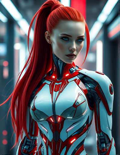 A woman with red hair styled in a high ponytail is standing in front of a white and silver robot suit that has glowing red lights on the chest area. The background features a blue wall with a row of lights lining it up vertically.