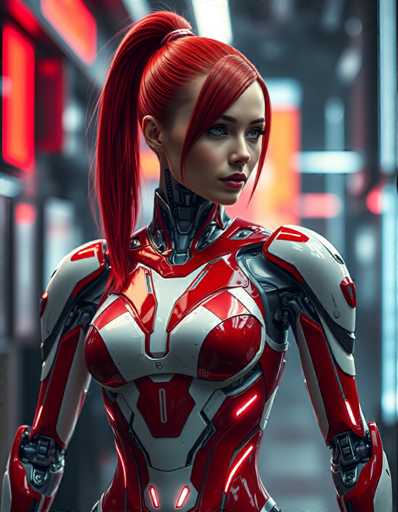 A woman with red hair and a futuristic red and white suit stands confidently against the backdrop of a city street at night. The city lights cast an ethereal glow on her figure as she gazes off to the side.