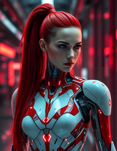 A woman with red hair styled in a high ponytail is wearing a futuristic white and red suit that has glowing lights on the chest area. The background features a blurred cityscape of buildings illuminated by neon lights.