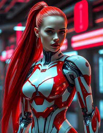 A woman with red hair styled in a ponytail and wearing a white bodysuit with red accents stands against the backdrop of a neon-lit cityscape at night.