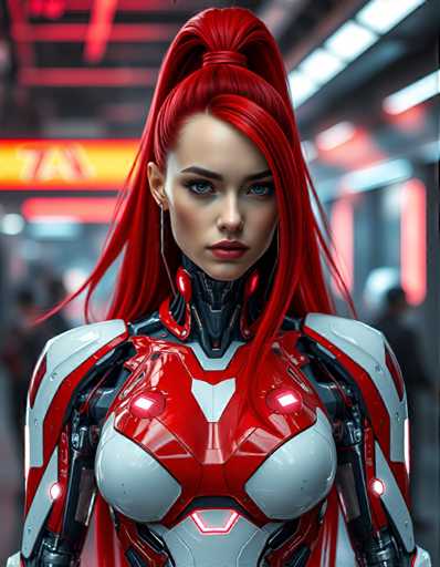 A woman with red hair styled in a high ponytail is standing in front of a train station. She is wearing a futuristic suit that combines white and red colors, giving her an otherworldly appearance. The background features a blurred image of the train station, suggesting motion or speed.