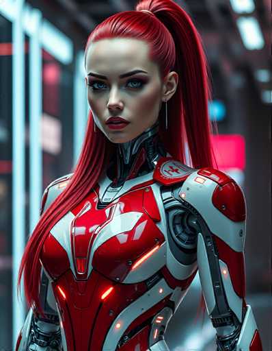 A woman with red hair styled in a ponytail and wearing a futuristic red and white suit stands against the backdrop of a city street at night.