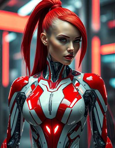 A woman with red hair styled in a ponytail and wearing a futuristic red and white suit is the central figure in this image. The background features a blend of neon lights and a gray wall, creating an urban setting that complements her attire.