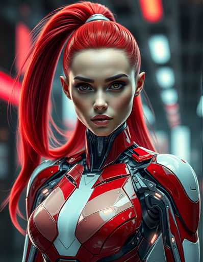 The image shows a close-up portrait of a woman with red hair styled into an elegant ponytail and wearing a futuristic red and white suit that appears to be made of metal or other high-tech materials. The background is blurred, suggesting the focus is on the woman in the foreground.