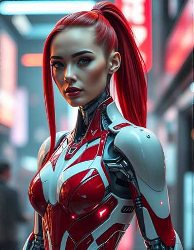 A woman with red hair styled in a ponytail and wearing a futuristic red and white suit stands against the backdrop of a city street at night.