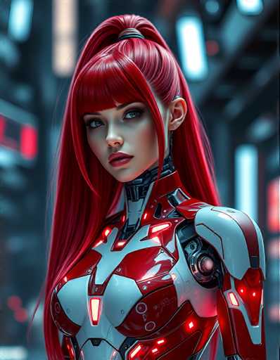 The image shows a close-up portrait of a woman with red hair styled in an updo and wearing a futuristic suit that is predominantly silver and white. The background features a cityscape with buildings illuminated by blue lights, creating a contrast between the urban setting and the woman's futuristic attire.