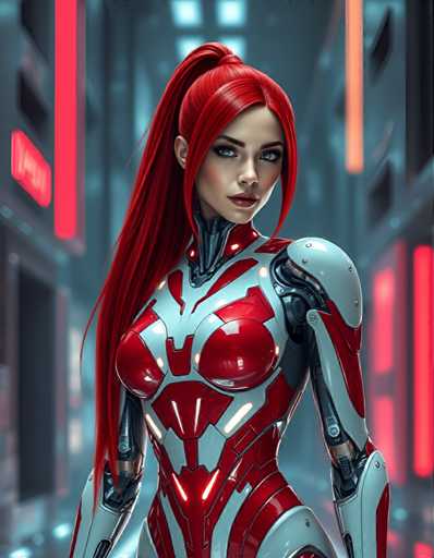 A stunning cyborg woman with long, sleek red hair tied into a high ponytail, flowing elegantly behind her. Her robotic body features intricate red and white panels with glowing accents that give her a sleek, futuristic look. The fusion of organic and mechanical elements is seamless, with metallic components visible along her limbs and torso, complementing her natural facial features. Her eyes emit a subtle glow, enhancing her cybernetic presence. The setting could be an advanced cityscape or laboratory, with neon lights reflecting off her polished surface, emphasizing the vibrant red and white color scheme.Steps: 3, Sampler: DPM++ 2M AYS, Guidance Scale: 3.5, Seed: 1915024984, Size: 896x1152, Model: flux_1_schnell_q5p.ckpt, Strength: 1.0, Seed Mode: Scale Alike, Upscaler: realesrgan_x2plus_f16.ckpt