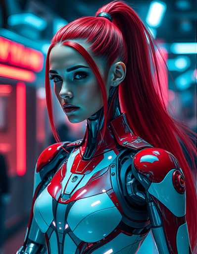 The image depicts a woman with long red hair wearing a futuristic outfit that includes a helmet and armor. The background is dark blue, creating a contrast with the bright neon lights of the city in the foreground.