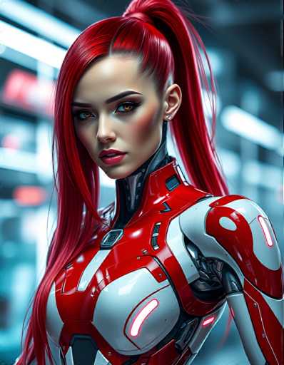 The image shows a close-up portrait of a woman with red hair styled in an updo and wearing a futuristic red and white suit. The background is blurred, suggesting the focus is on the woman's face and upper body.