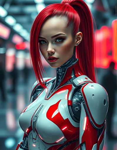 The image shows a close-up portrait of a woman with red hair styled into a ponytail and wearing a futuristic suit that is predominantly white and red. The background features a blurred cityscape with neon lights, suggesting an urban setting or perhaps a futuristic environment.