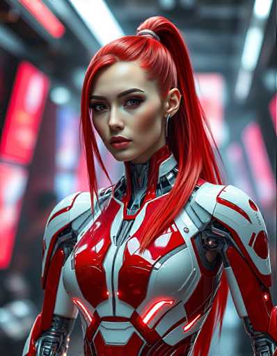 A woman with red hair styled in a ponytail and wearing a futuristic red and white suit stands against the backdrop of a city street lined with neon signs.