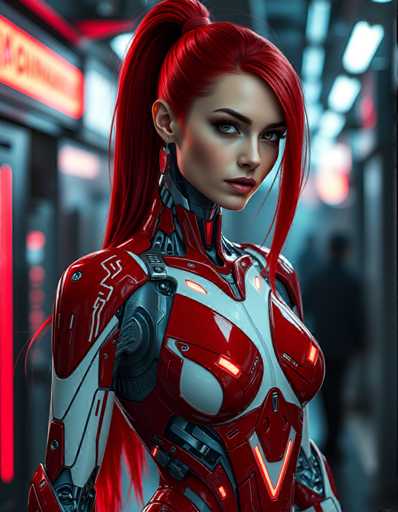 The image shows a woman with red hair and a futuristic body suit standing against the backdrop of a city street at night. The woman is positioned centrally within the frame, drawing attention to her striking appearance. Her body suit is predominantly red and white in color, with accents of silver and black that add depth and contrast to her overall look. The background features a cityscape with buildings illuminated by neon lights, creating an urban atmosphere around the woman.