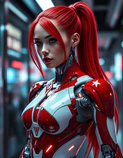 A woman with red hair styled in a ponytail and wearing a futuristic red and white suit is the central figure in this image. The background features a cityscape with buildings of varying heights and designs, suggesting an urban setting.