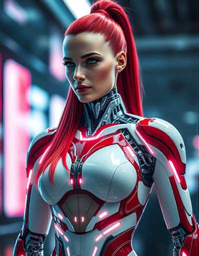 The image shows a woman with red hair and a futuristic outfit standing against a dark background. The outfit is predominantly white with accents of red and silver, giving it an otherworldly appearance. The woman's pose suggests she is in the middle of a performance or a photoshoot.