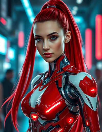 The image shows a woman with red hair and a futuristic outfit that appears to be made of metal or plastic. She is standing against a blue background with neon lights, giving the impression of being in an urban setting. The woman's pose suggests she is posing for the photo, possibly as part of a photoshoot or promotional material.