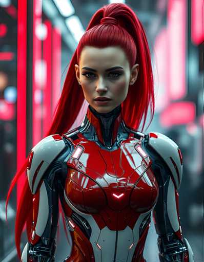 A woman with red hair styled in a ponytail and wearing a futuristic suit made of shiny silver metal that has a red stripe running down the center.